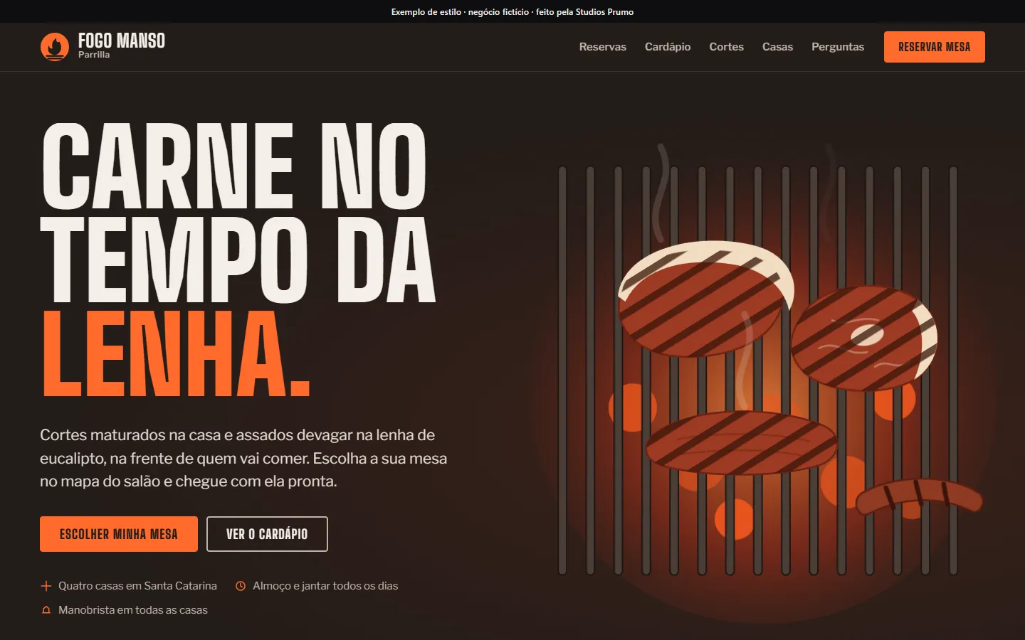 Exemplo de site: Fogo Manso Parrilla, negócio fictício